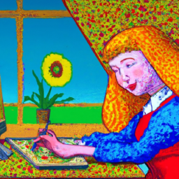 cartoon picture, pretty woman using computer