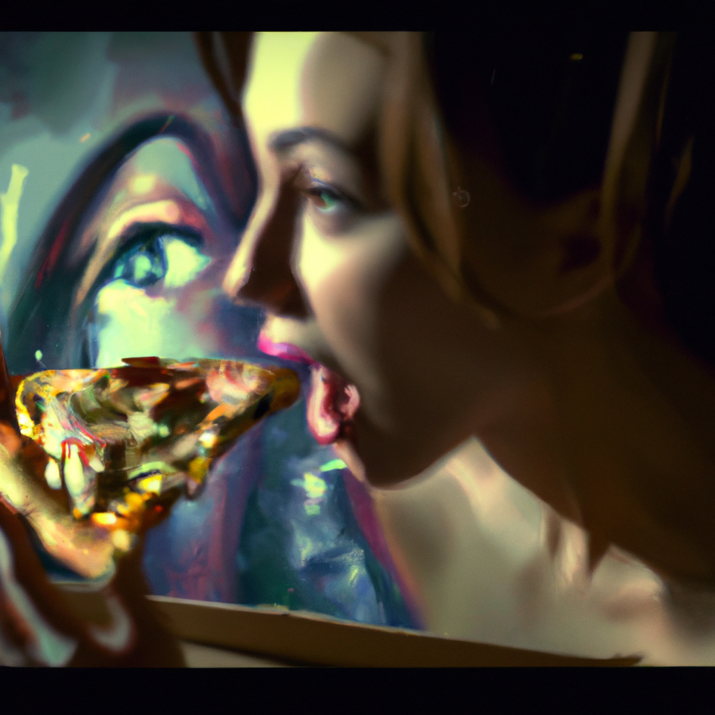 Beautiful woman eating pizza while watching television.